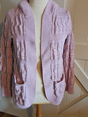 Light Pink Cable-Knit Hooded Sweater Cardigan - Womens